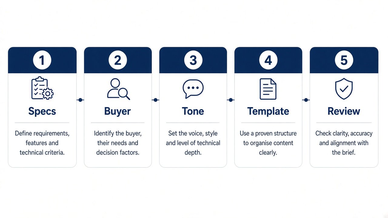 Specs to buyer to tone to template to review checklist for AI product descriptions