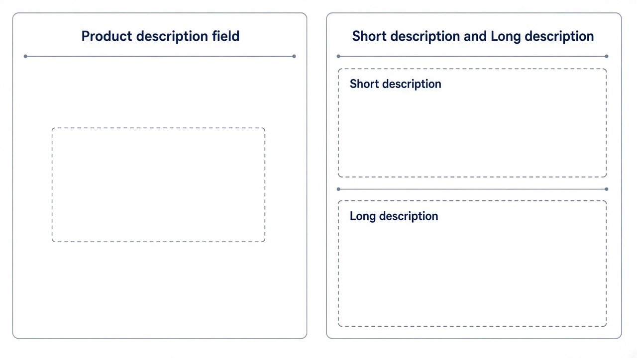 Shopify description field versus WooCommerce short and long description fields wireframe
